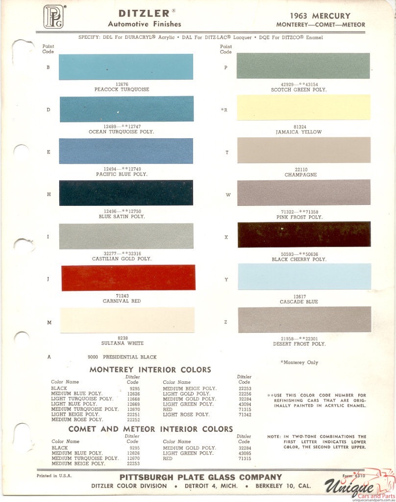 1963 Mercury Paint Charts PPG